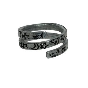 Handmade stamped‎ witch core celestial black cat silver adjustable wrap ring